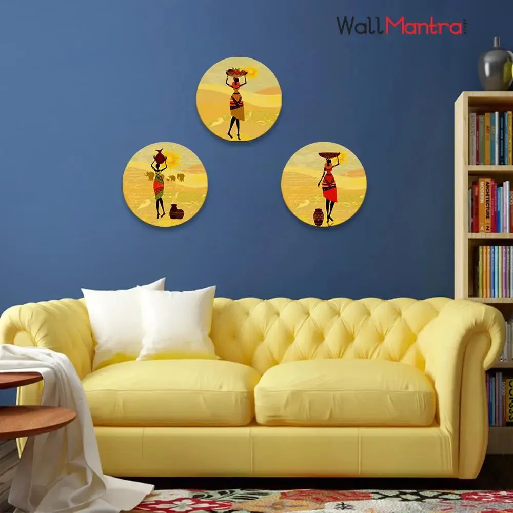 Set of 3 African Village Lady Round Shape Canvas wall Painting