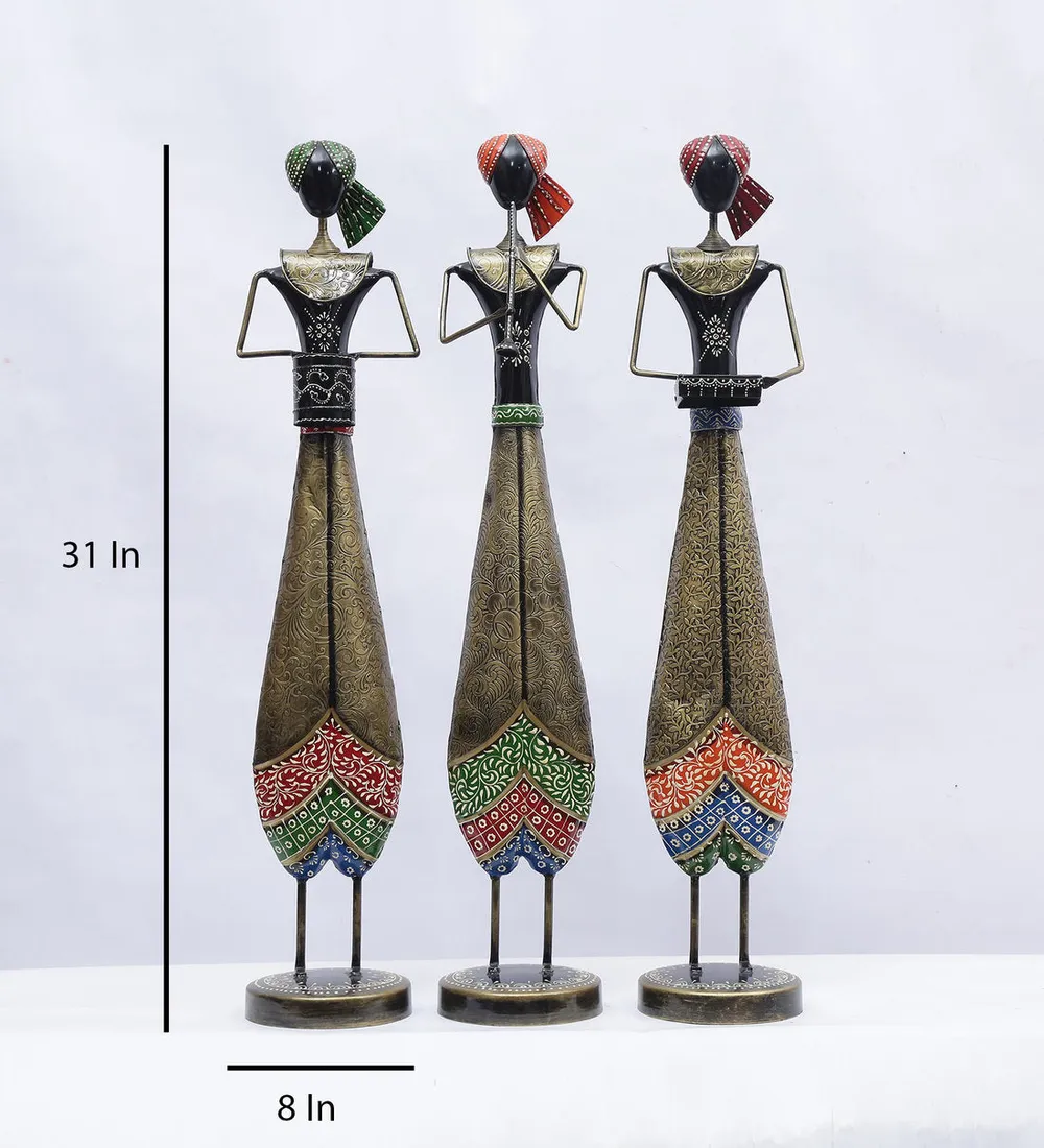 Set of 3 Ancient Art Handcrafted Metal Big Human Figurine / Showpiece