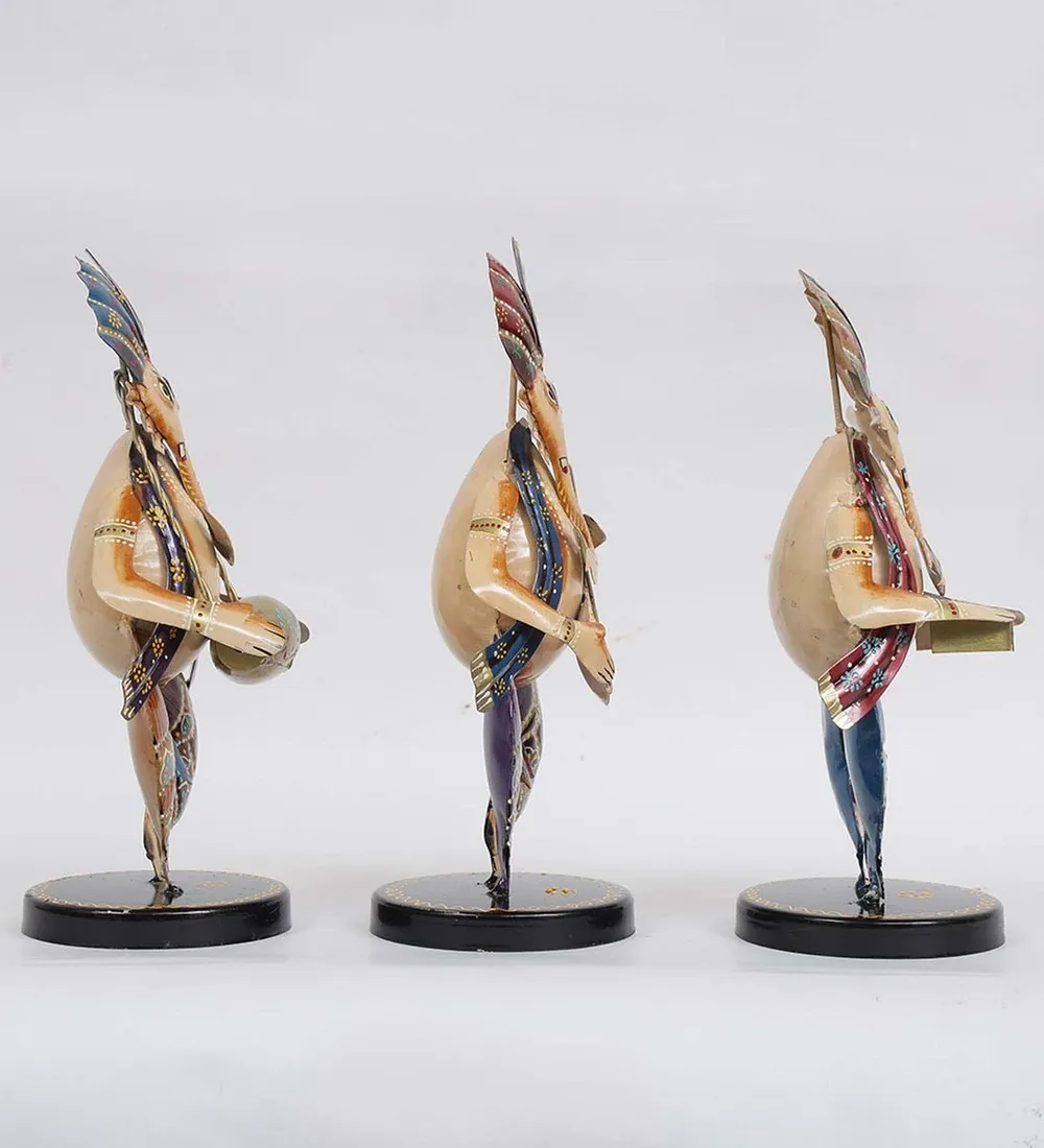Set of 3 Artful Ganesha Playing Music Metal Figurines / Showpiece