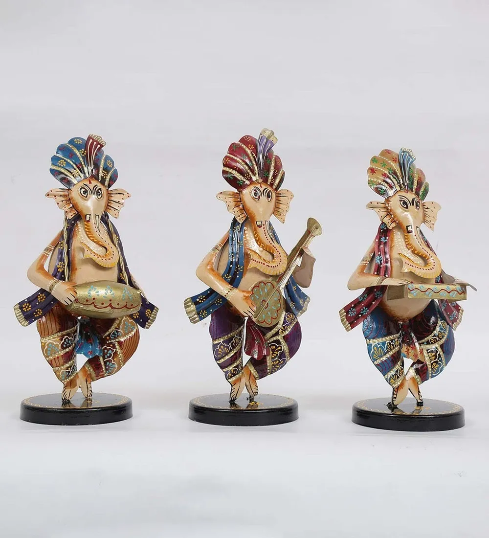 Set of 3 Artful Ganesha Playing Music Metal Figurines / Showpiece