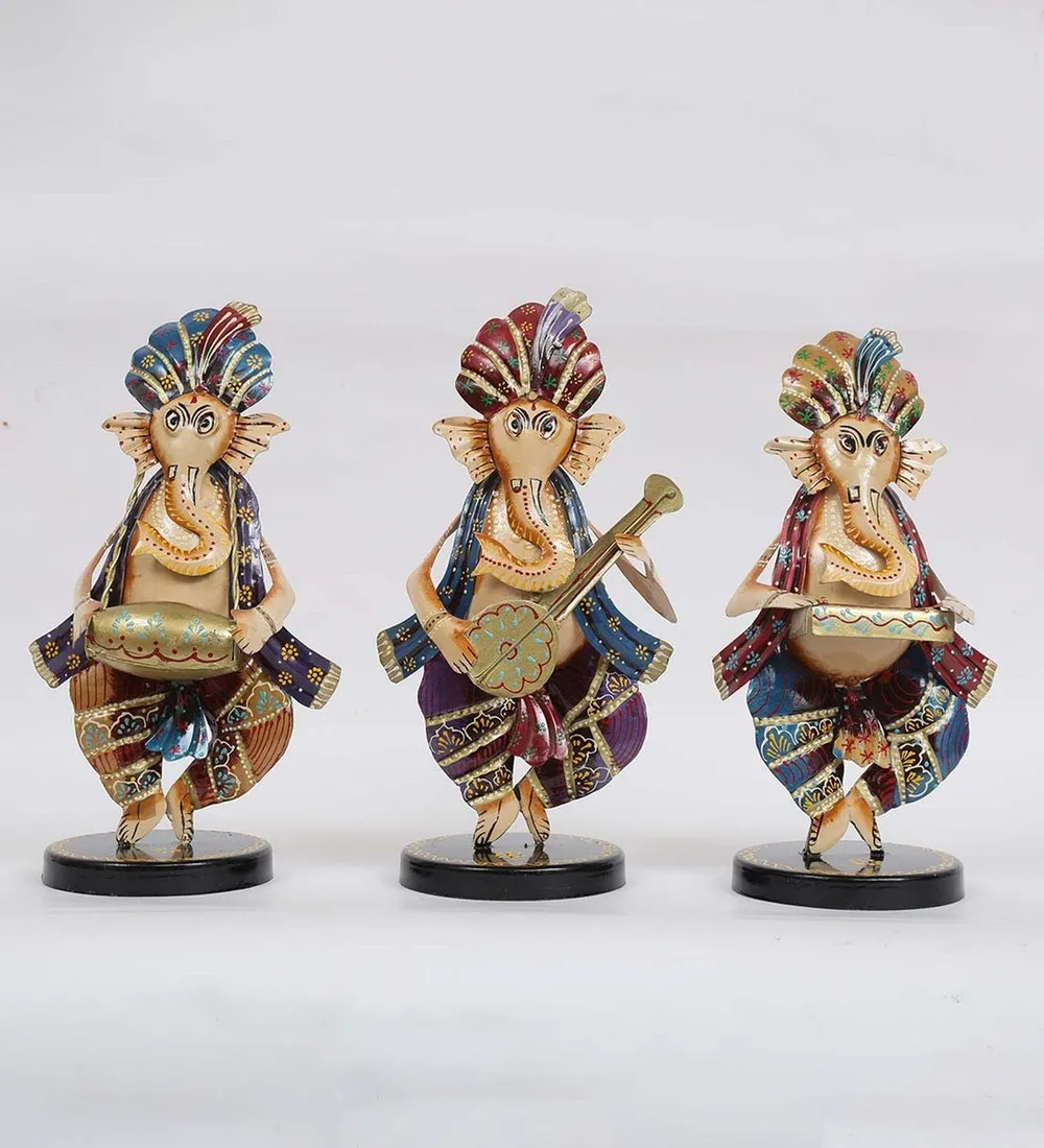 Set of 3 Artful Ganesha Playing Music Metal Figurines / Showpiece