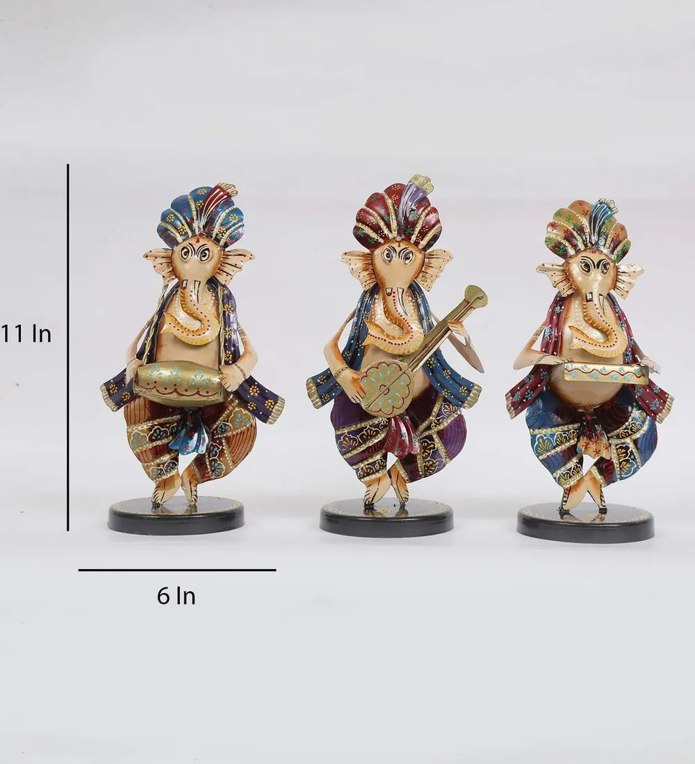 Set of 3 Artful Ganesha Playing Music Metal Figurines / Showpiece