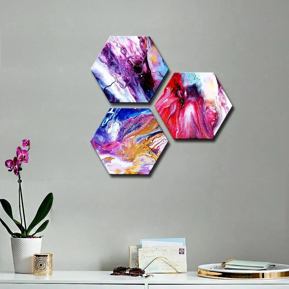 Set of 3 Beautiful Abstract Design Hexagon Shape Canvas Wall Painting