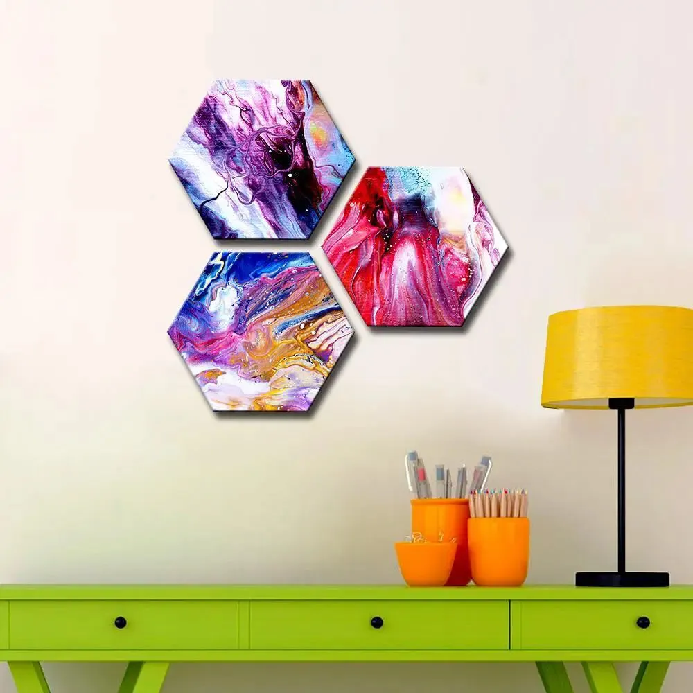 Set of 3 Beautiful Abstract Design Hexagon Shape Canvas Wall Painting
