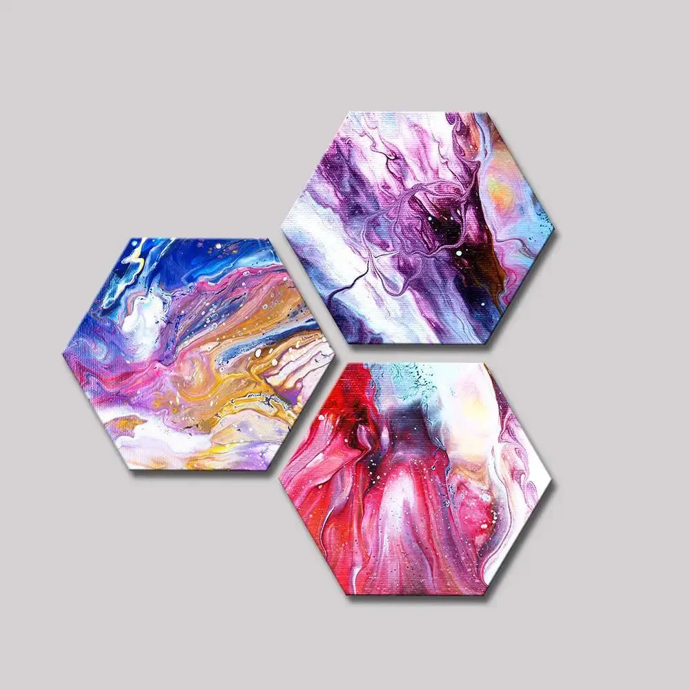 Set of 3 Beautiful Abstract Design Hexagon Shape Canvas Wall Painting