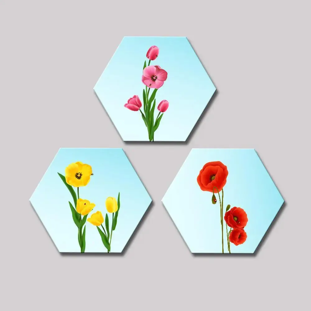Set of 3 Beautiful Flowers Hexagon Shape Canvas Wall Painting