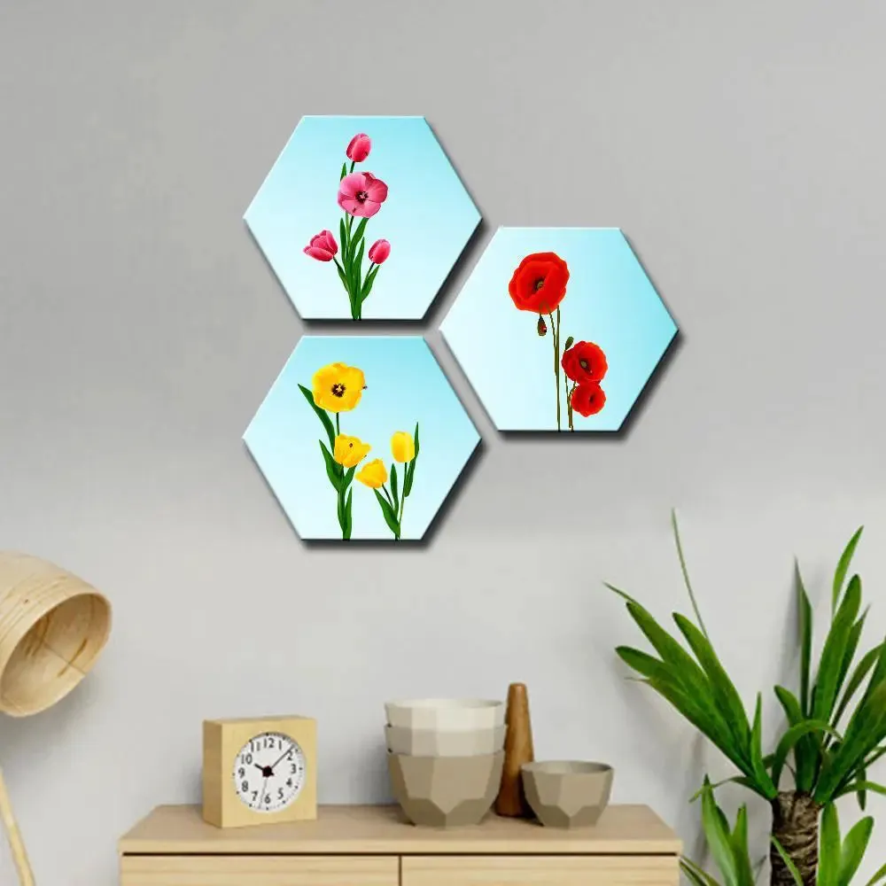 Set of 3 Beautiful Flowers Hexagon Shape Canvas Wall Painting