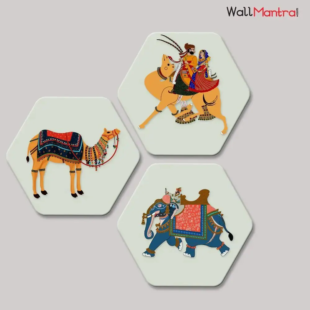 Set of 3 Beautiful Rajasthani Hexagon Shape Canvas Wall Painting