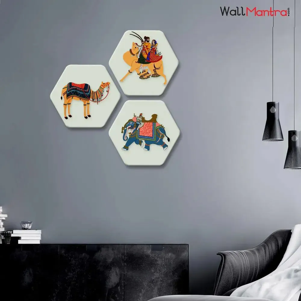Set of 3 Beautiful Rajasthani Hexagon Shape Canvas Wall Painting