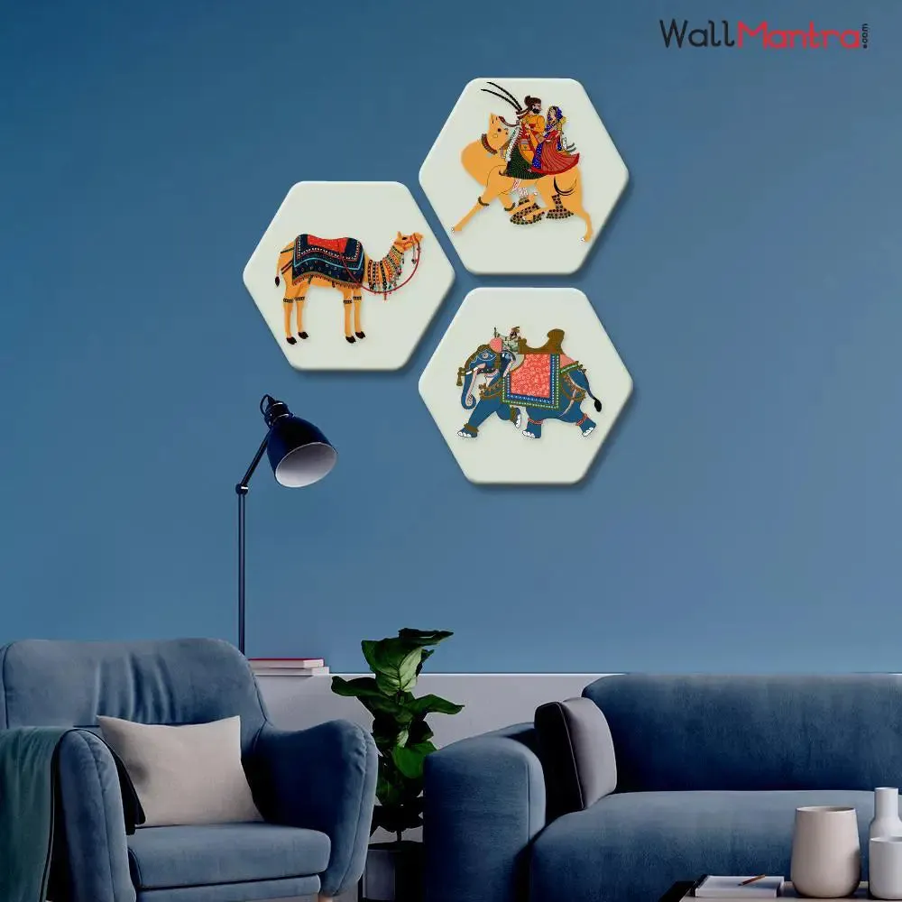Set of 3 Beautiful Rajasthani Hexagon Shape Canvas Wall Painting
