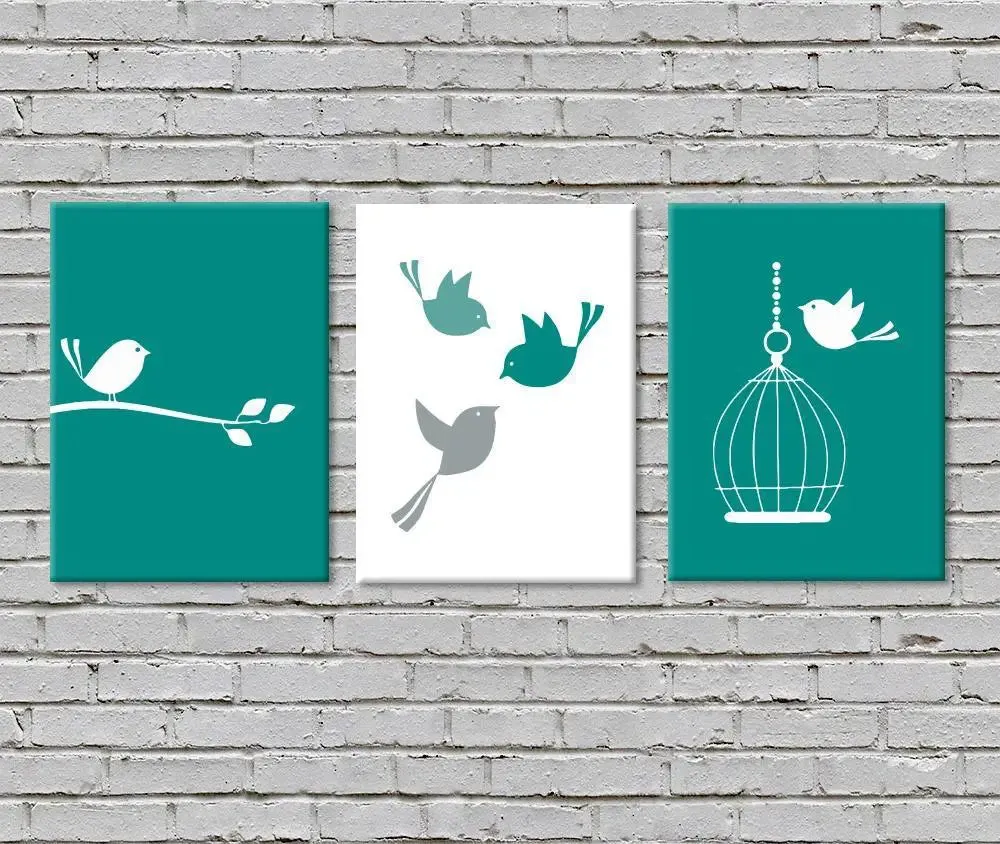 Set of 3 Bird / 3 Pieces Canvas Print/Stretched and Framed on Wood/Home Decor/12 inch x 15 inch Each