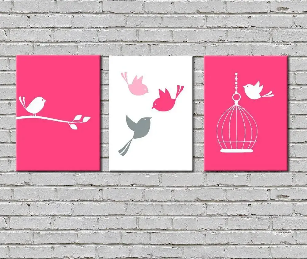 Set of 3 Bird Wall Painting for Living Room - Pink/Stretched and Framed on Wood 12 inch x 15 inch