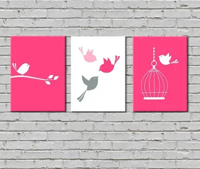 Set of 3 Bird Wall Painting for Living Room - Pink/Stretched and Framed on Wood 12 inch x 15 inch
