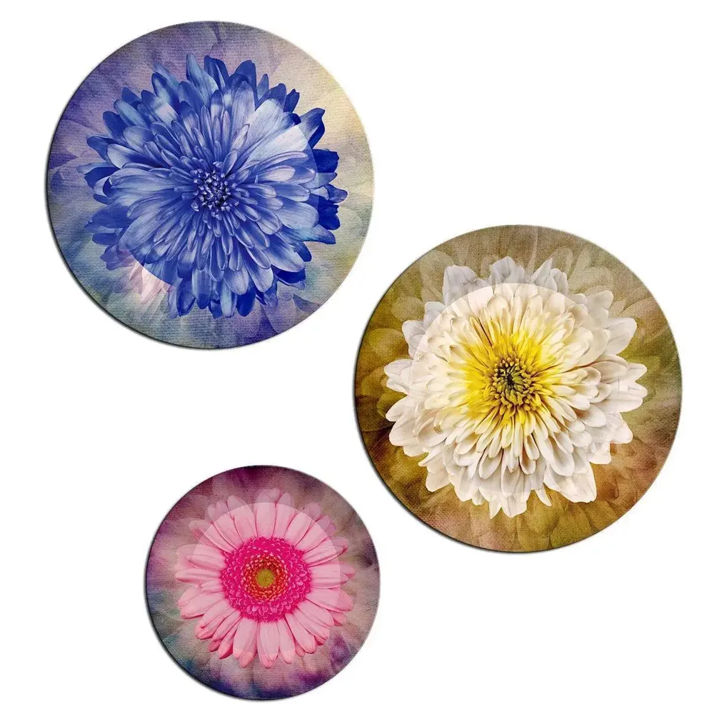 Set of 3 Ceramic Wall Plates With Flower Art Design, Wall Hanging Plate