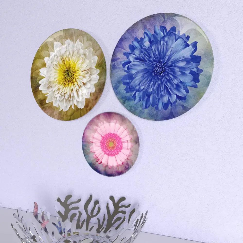 Set of 3 Ceramic Wall Plates With Flower Art Design, Wall Hanging Plate