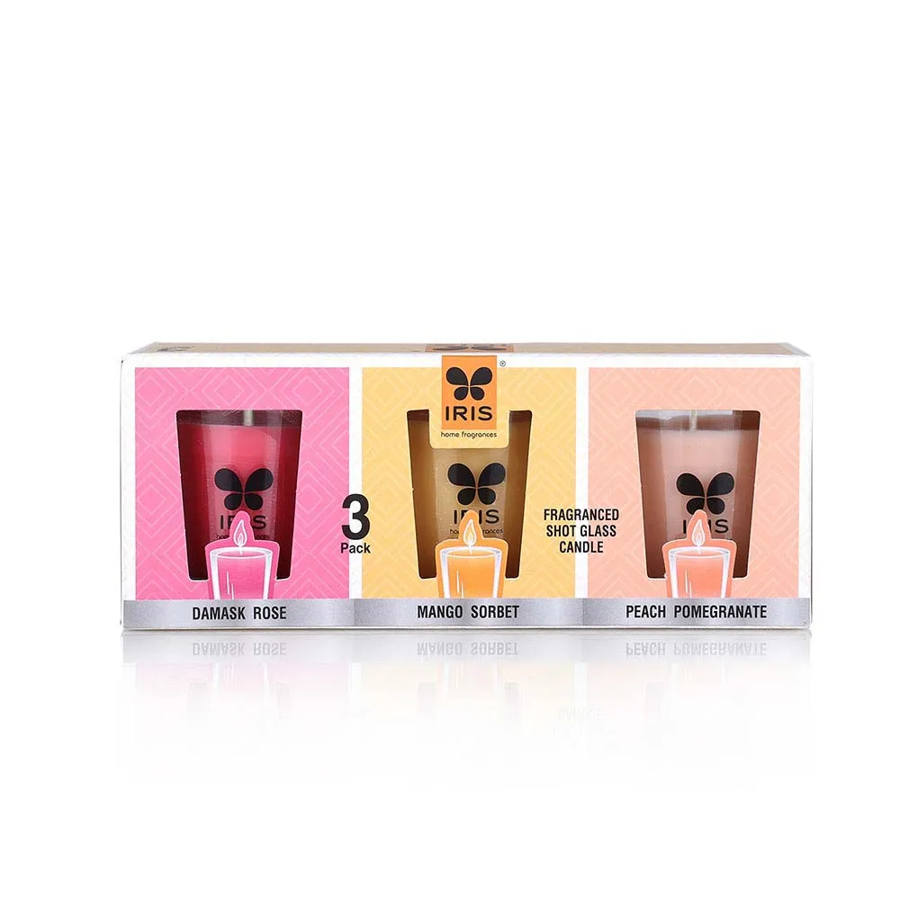 Set of 3 Damask Rose, Peach Pomegranate & Mango Sorbet Scented Mini Glass Candles