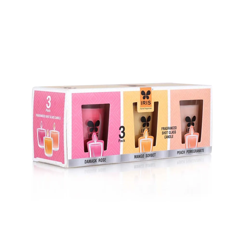 Set of 3 Damask Rose, Peach Pomegranate & Mango Sorbet Scented Mini Glass Candles