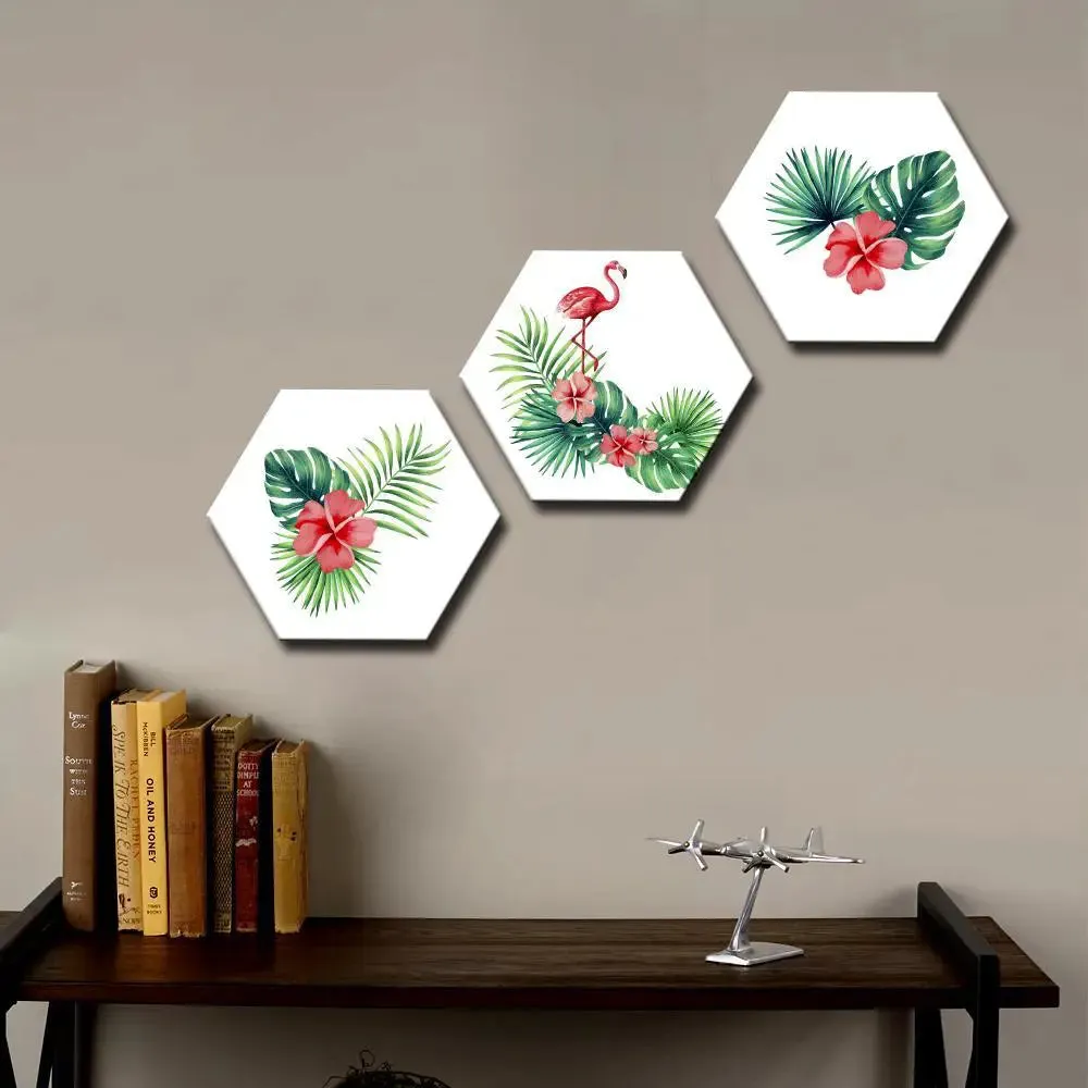 Set of 3 Flamingo With Tropical Leaves Hexagon Shape Canvas Wall Painting
