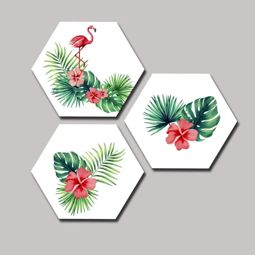 Set of 3 Flamingo With Tropical Leaves Hexagon Shape Canvas Wall Painting