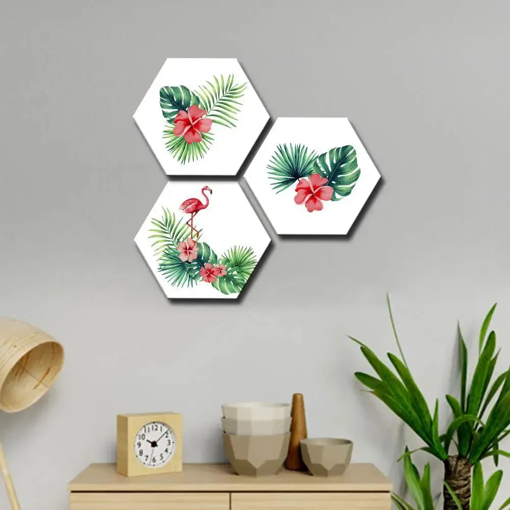 Set of 3 Flamingo With Tropical Leaves Hexagon Shape Canvas Wall Painting