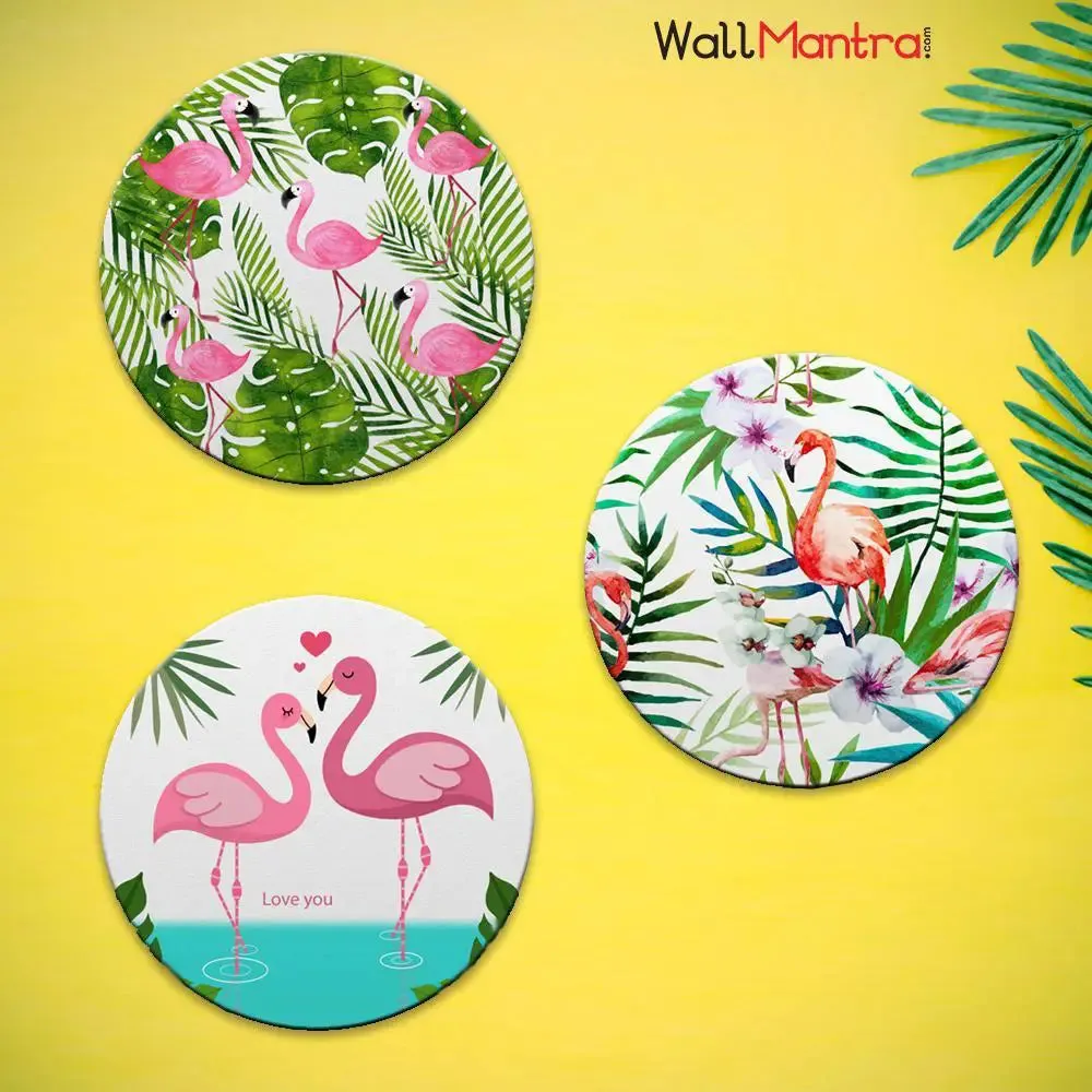 Set of 3 Flamingos With Tropical Background Round Shape Canvas wall Painting