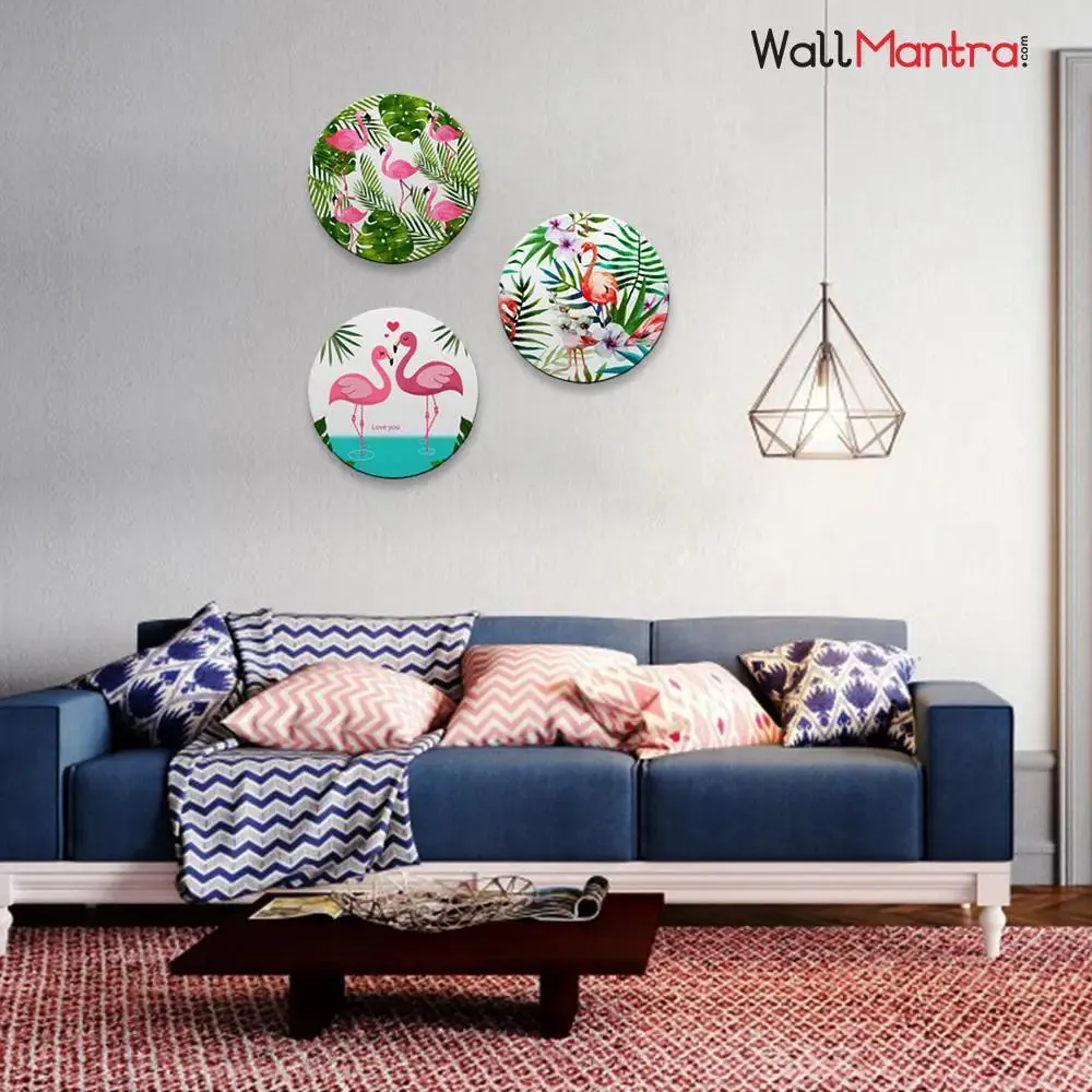Set of 3 Flamingos With Tropical Background Round Shape Canvas wall Painting