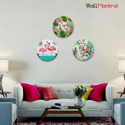 Set of 3 Flamingos With Tropical Background Round Shape Canvas wall Painting