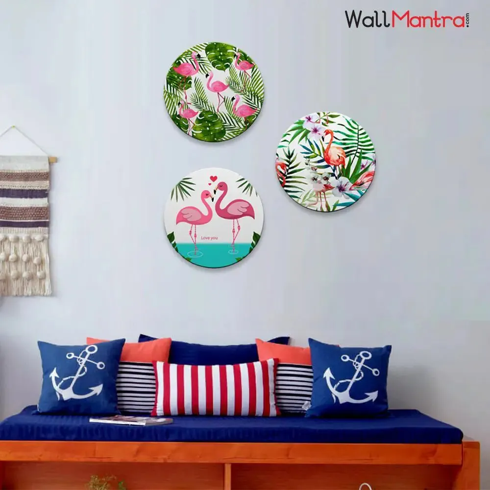 Set of 3 Flamingos With Tropical Background Round Shape Canvas wall Painting