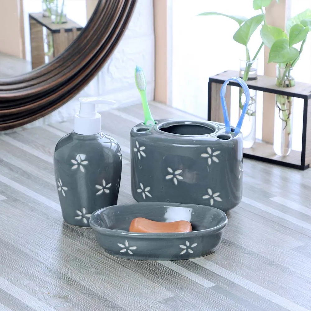 Set Of 3 Floral Printed Premium Ceramic Bathroom Accessories Set Grey