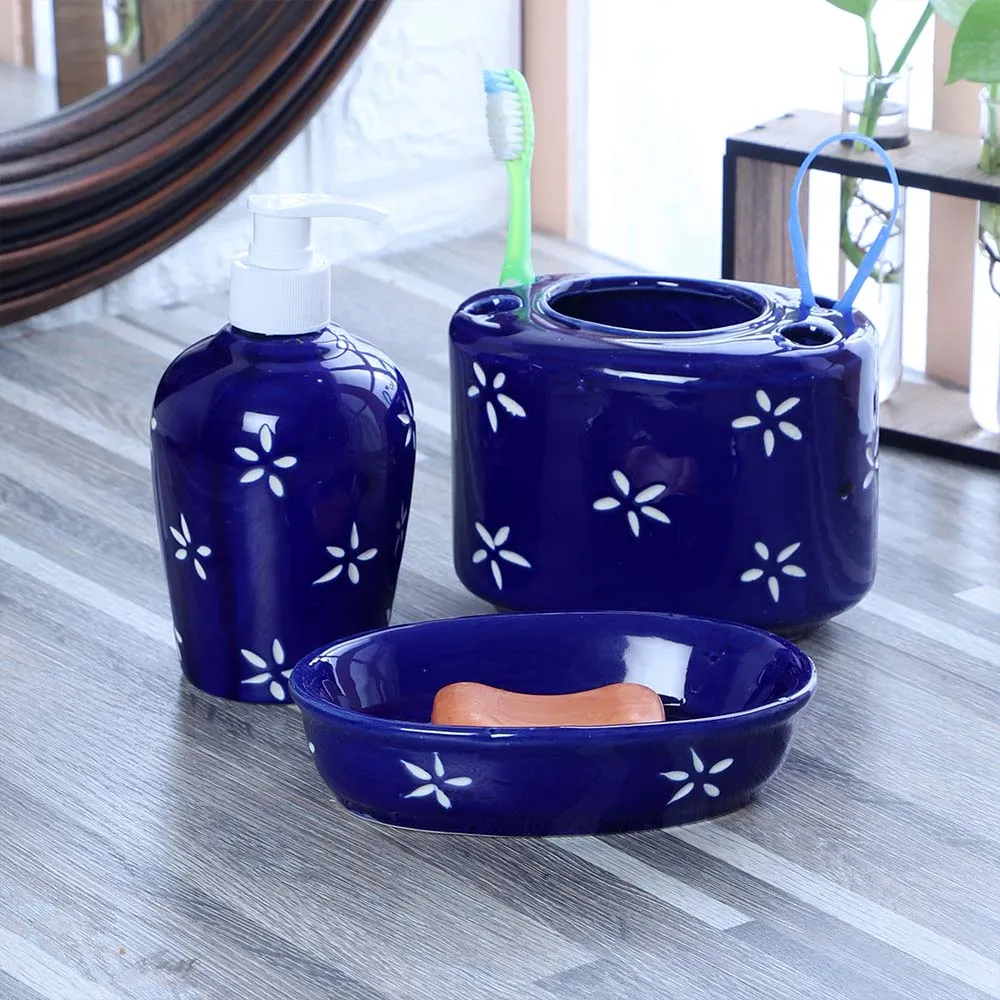 Set Of 3 Floral Printed Premium Ceramic Bathroom Accessories Set Grey