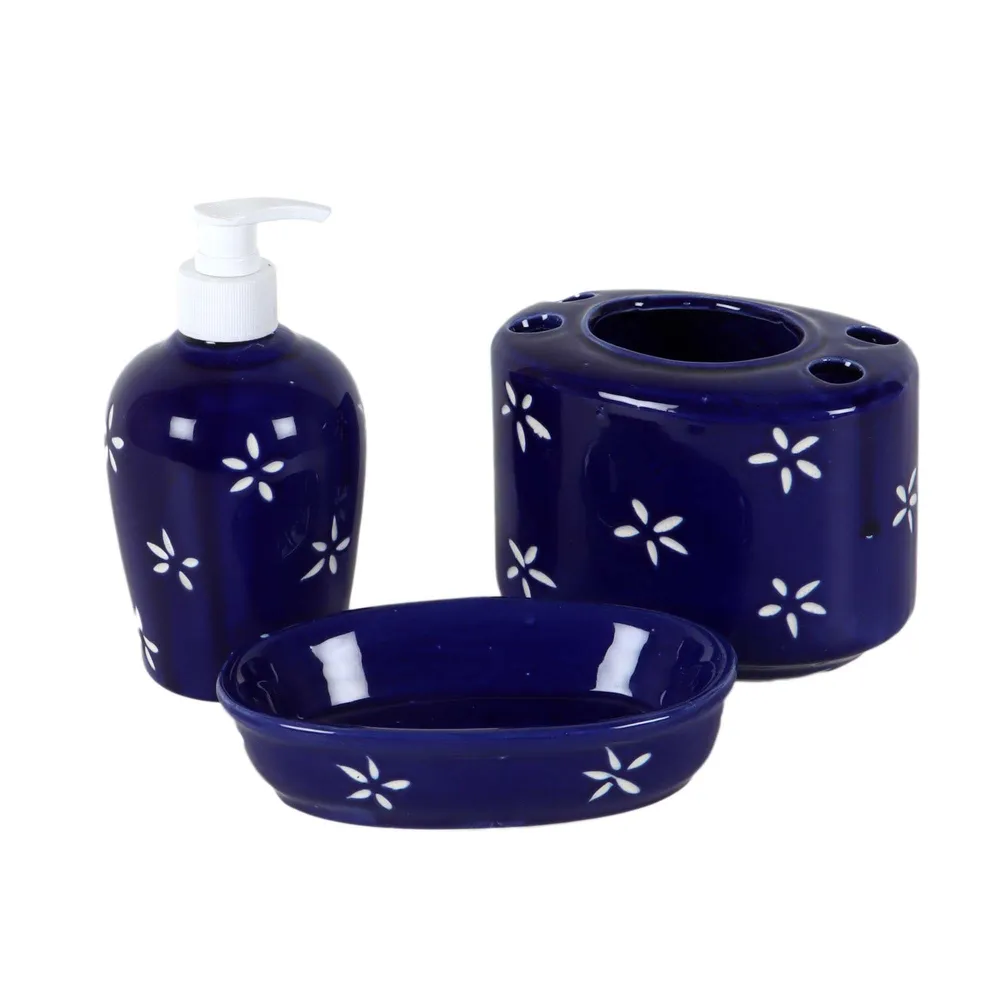 Set Of 3 Floral Printed Premium Ceramic Bathroom Accessories Set Grey