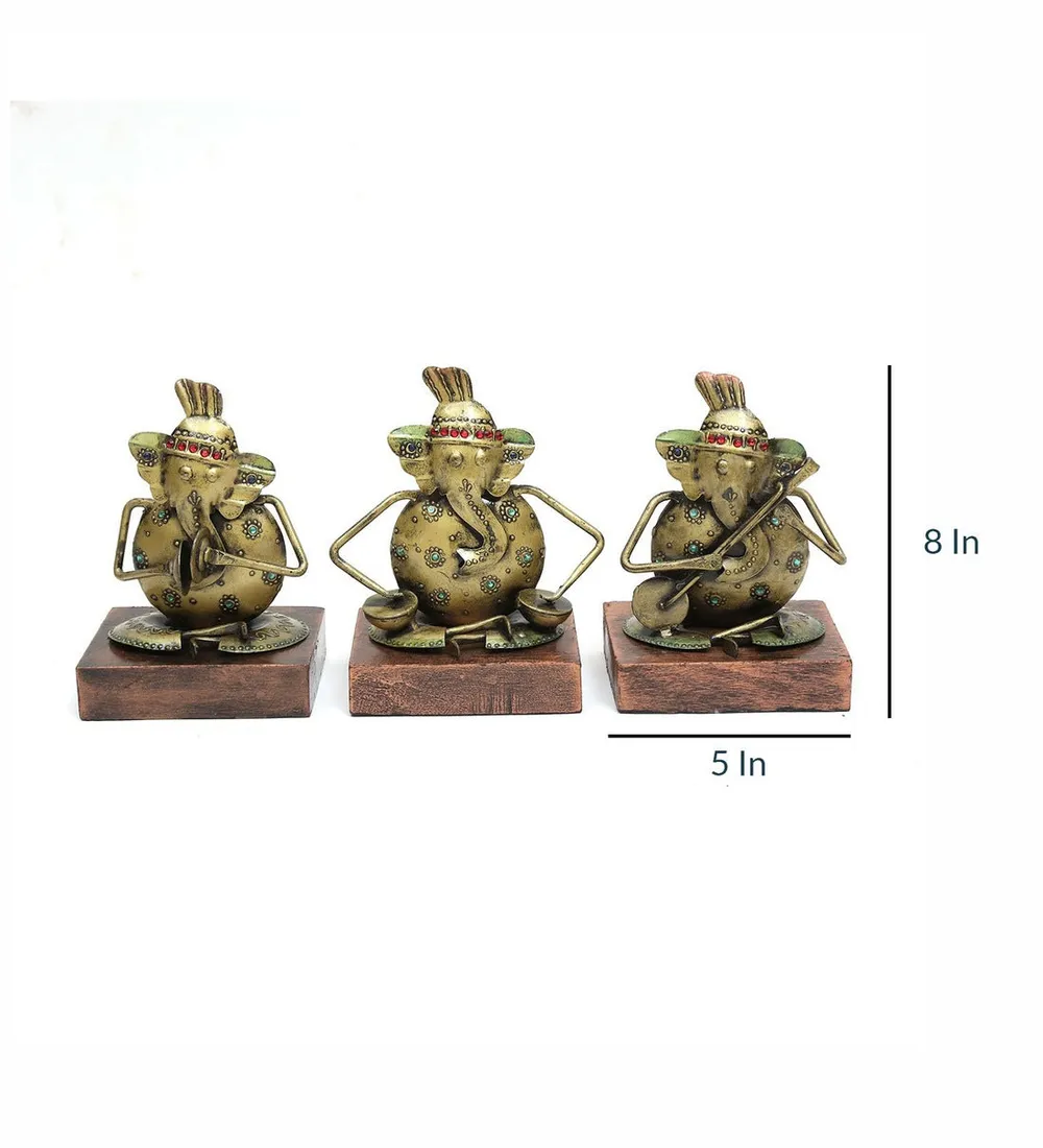 Set of 3 Ganesha Playing Music Metal Figurines / Showpiece