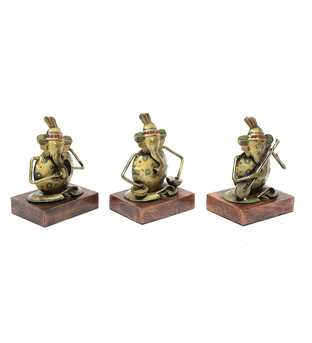 Set of 3 Ganesha Playing Music Metal Figurines / Showpiece