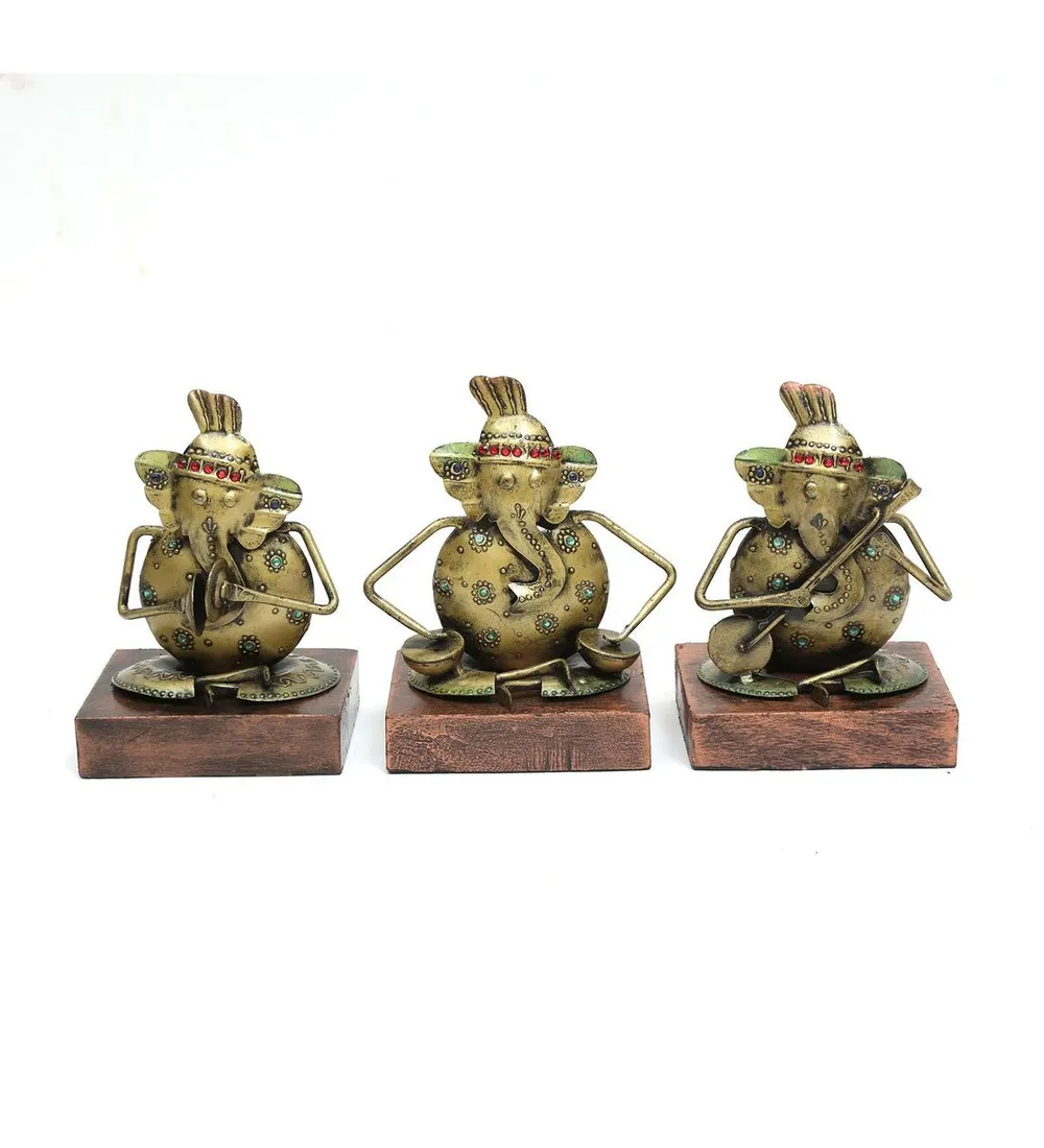 Set of 3 Ganesha Playing Music Metal Figurines / Showpiece