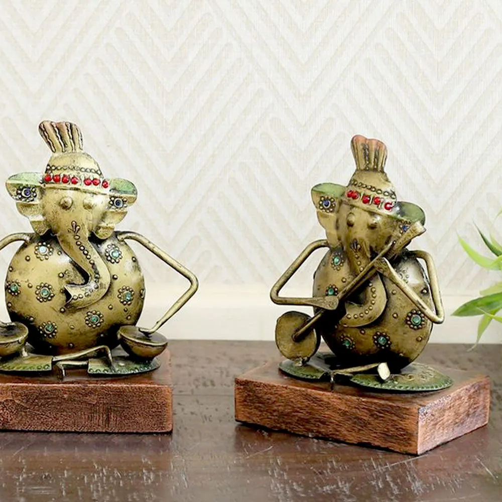 Set of 3 Ganesha Playing Music Metal Figurines / Showpiece