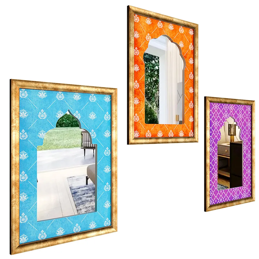 Set of 3 Indian Heritage Window Style Jharokha Mirror/ Decorative Wall Mirror- Multi-colored