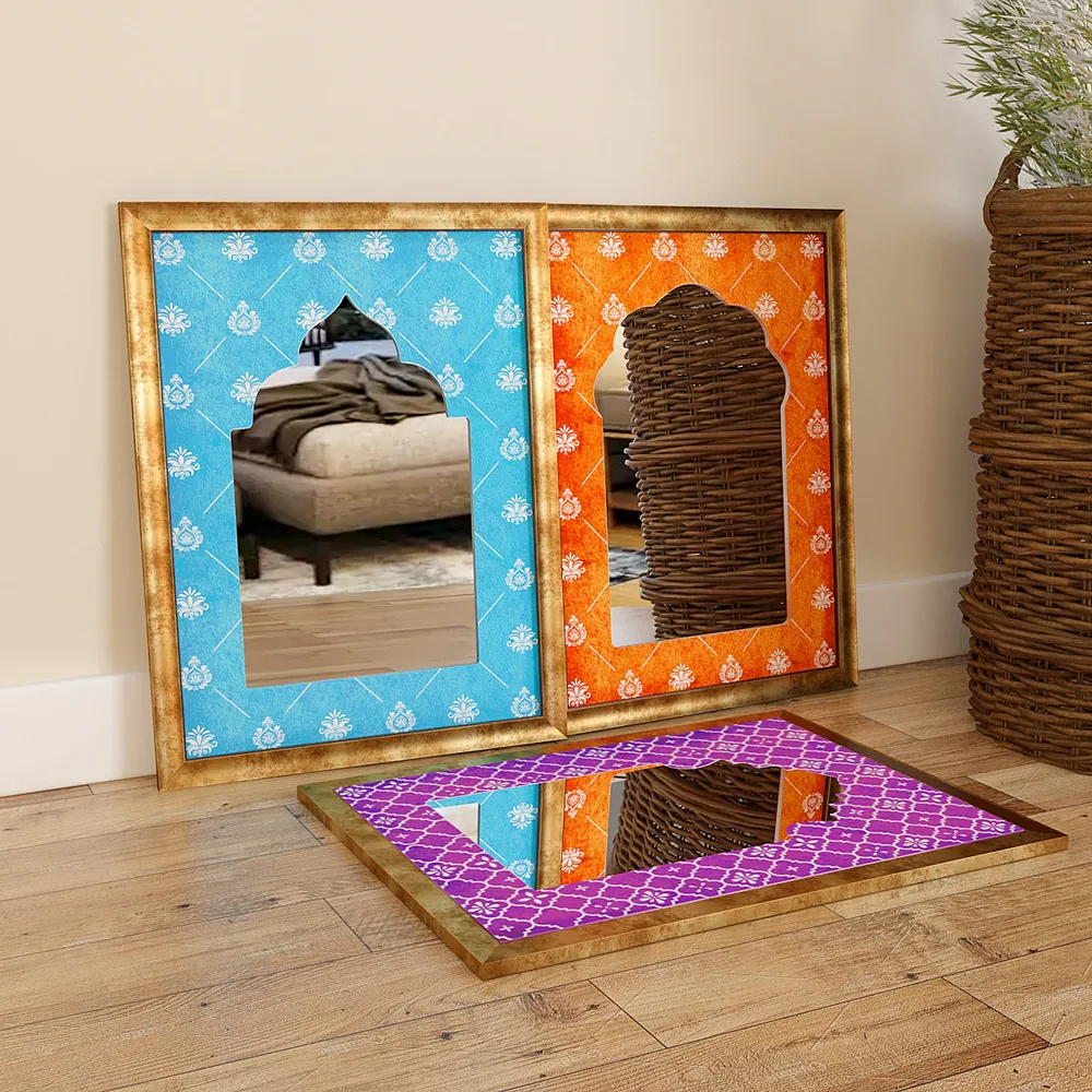 Set of 3 Indian Heritage Window Style Jharokha Mirror/ Decorative Wall Mirror- Multi-colored
