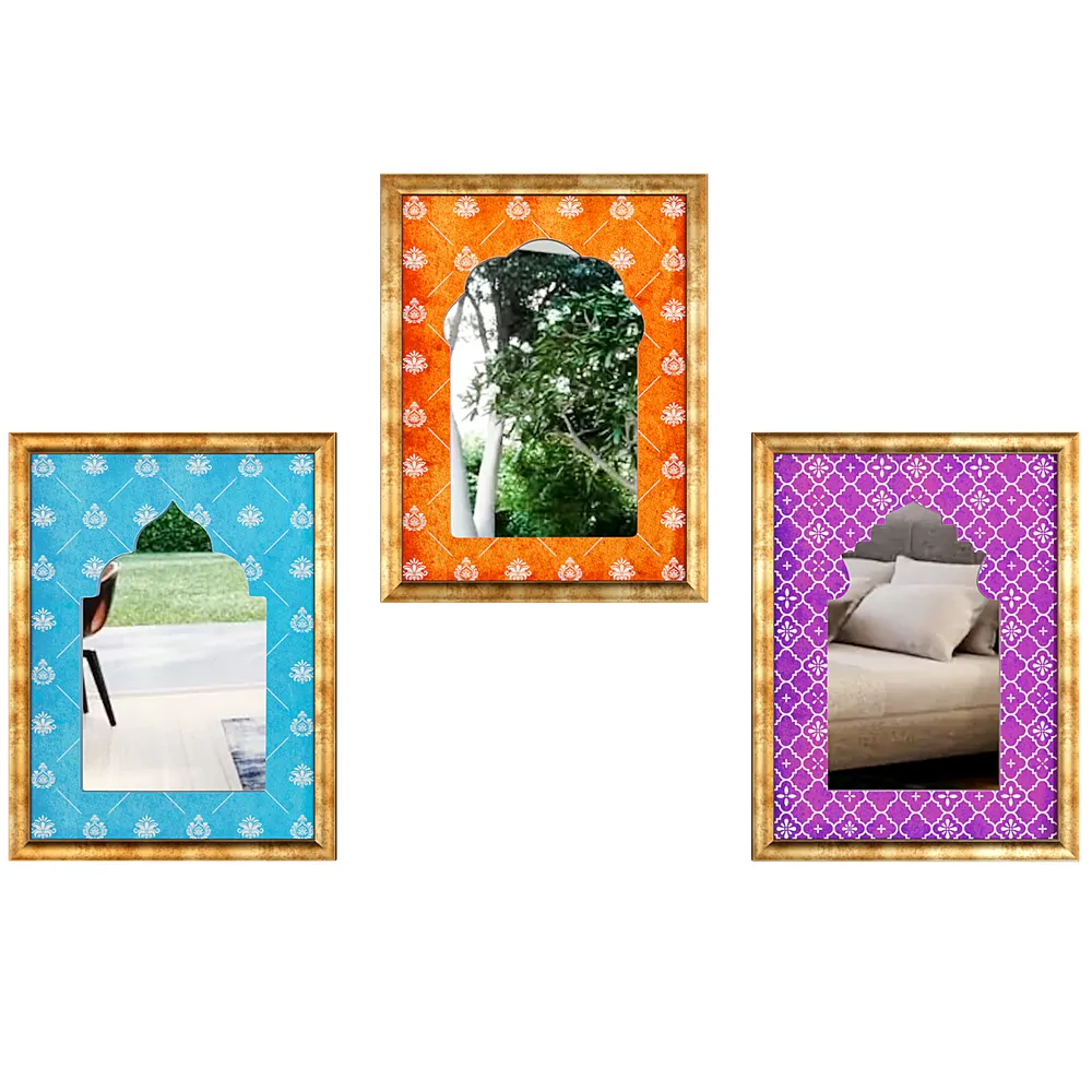 Set of 3 Indian Heritage Window Style Jharokha Mirror/ Decorative Wall Mirror- Multi-colored