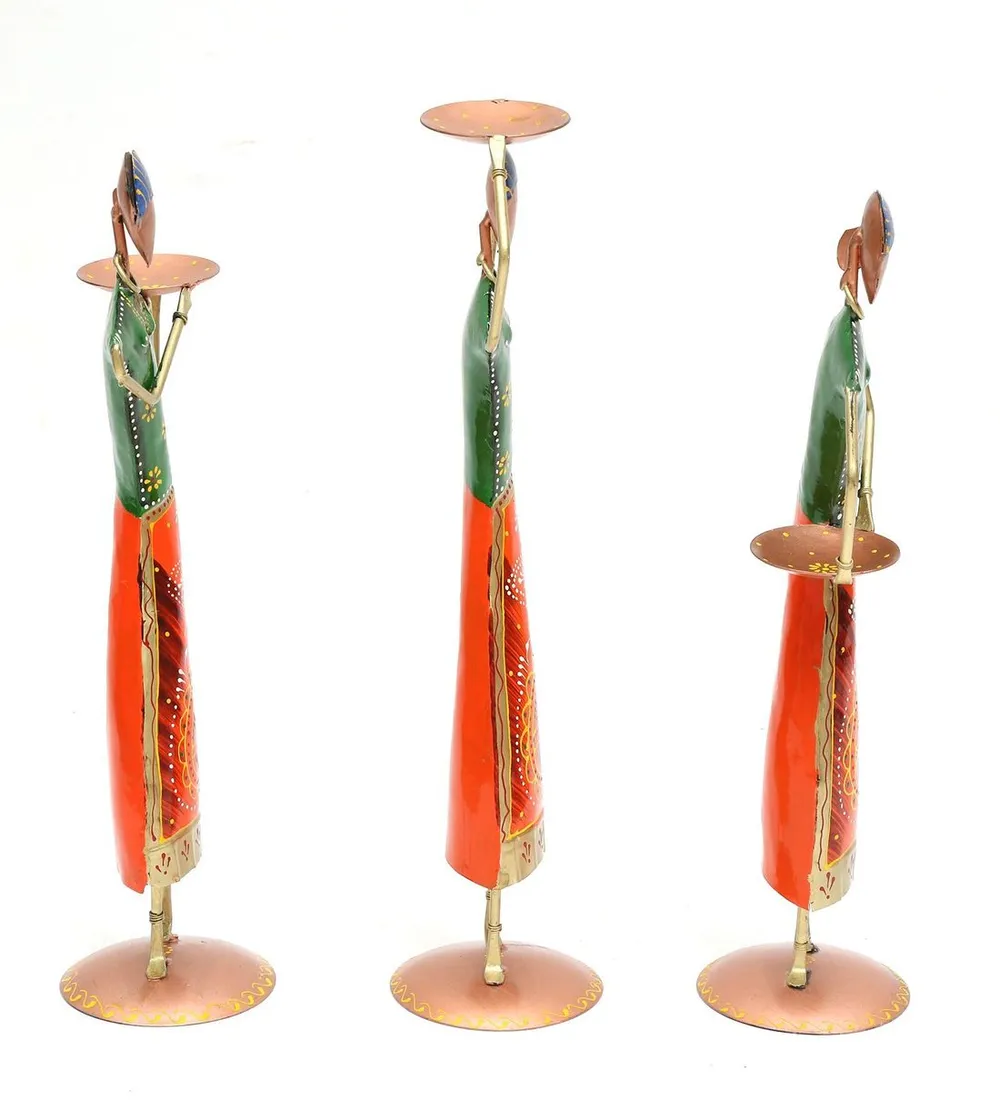 Set of 3 Lady Farmer Antique Motif Metal Figurine / Showpiece