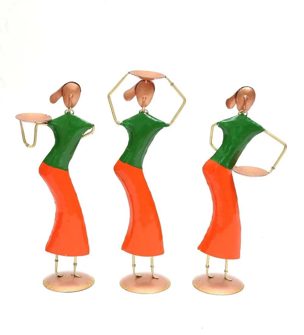Set of 3 Lady Farmer Antique Motif Metal Figurine / Showpiece