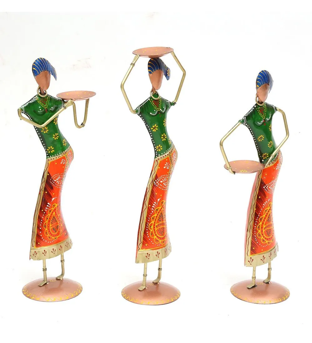 Set of 3 Lady Farmer Antique Motif Metal Figurine / Showpiece