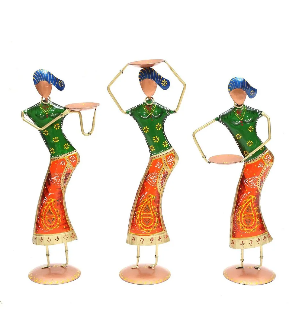 Set of 3 Lady Farmer Antique Motif Metal Figurine / Showpiece