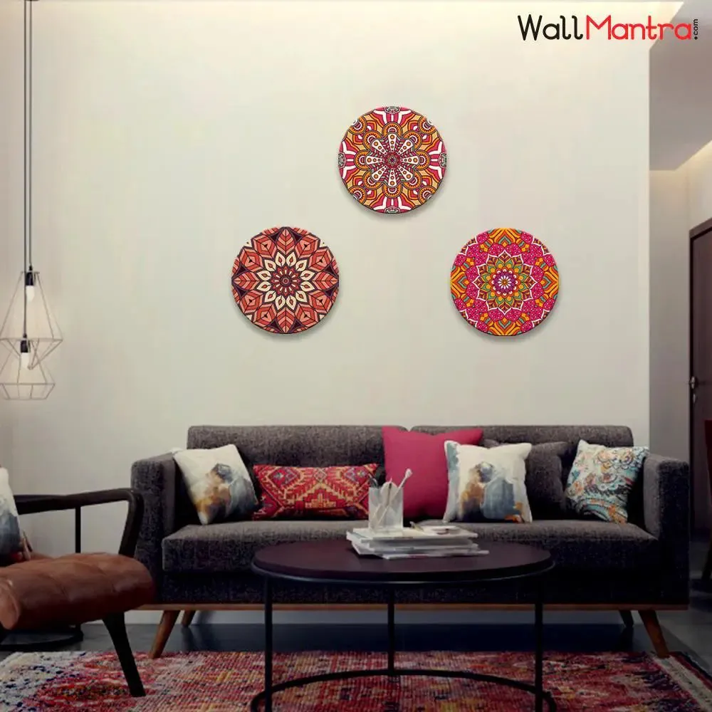 Set of 3 Mandala Design Round Shape Canvas wall Painting