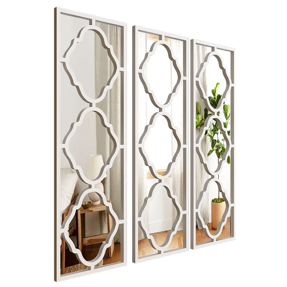Set of 3 Moroccan Wooden Frame Decorative Wall Mirror / Wall Art Decor (Available in Multiple Finishes) White