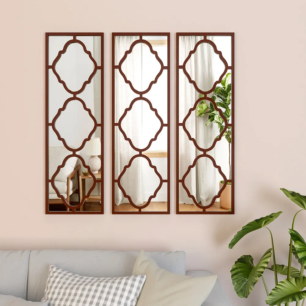 Set of 3 Moroccan Wooden Frame Decorative Wall Mirror / Wall Art Decor (Available in Multiple Finishes) White