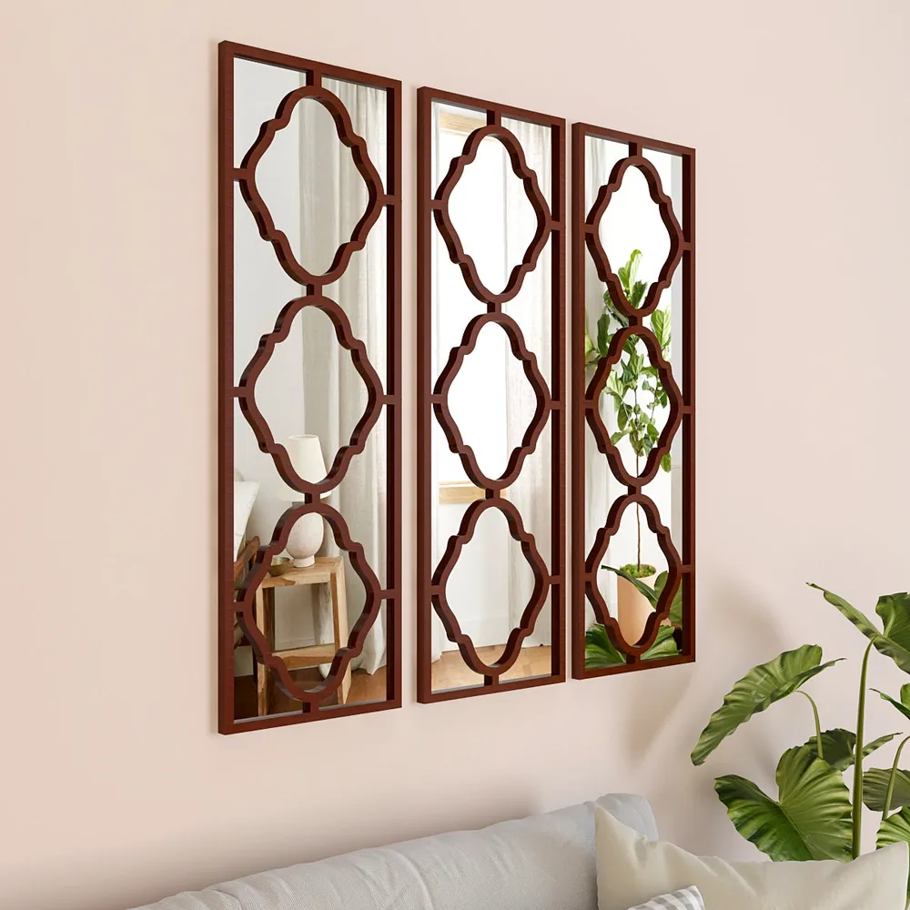 Set of 3 Moroccan Wooden Frame Decorative Wall Mirror / Wall Art Decor (Available in Multiple Finishes) White
