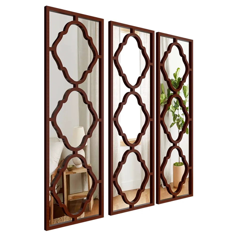 Set of 3 Moroccan Wooden Frame Decorative Wall Mirror / Wall Art Decor (Available in Multiple Finishes) White