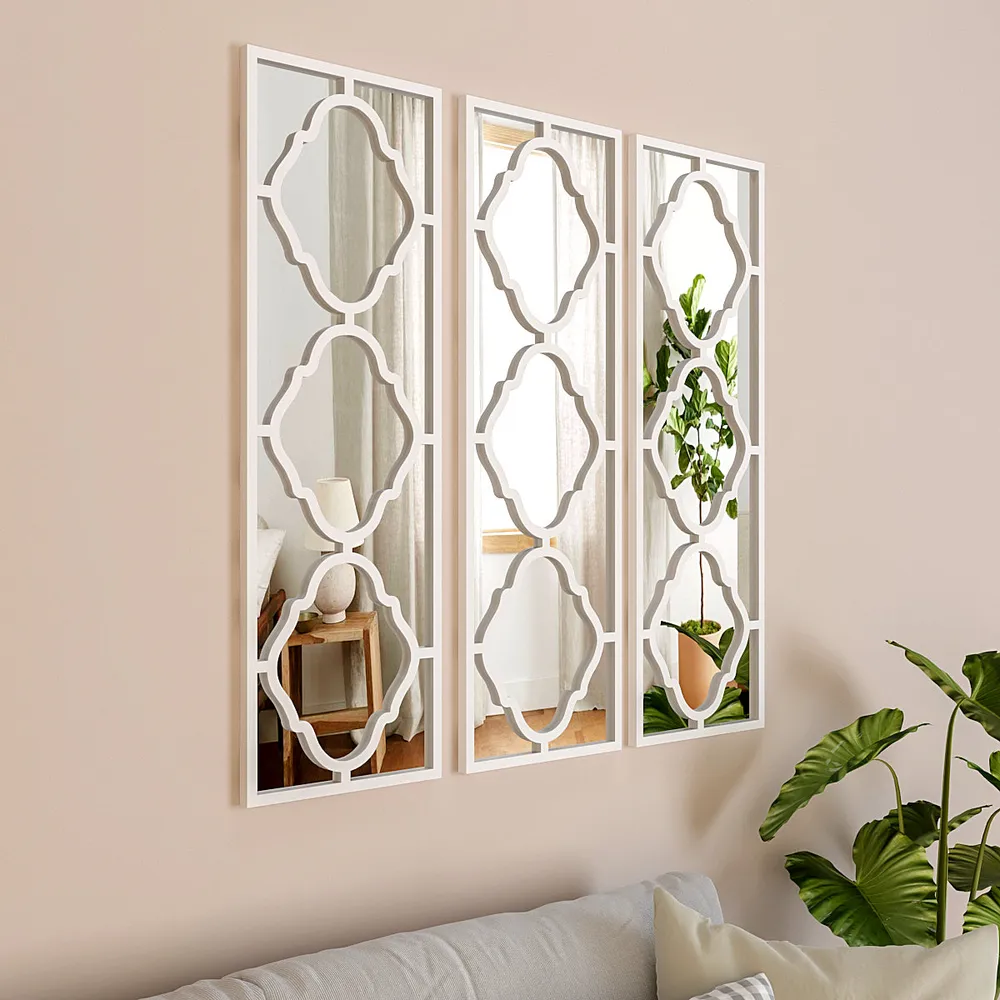 Set of 3 Moroccan Wooden Frame Decorative Wall Mirror / Wall Art Decor (Available in Multiple Finishes) White