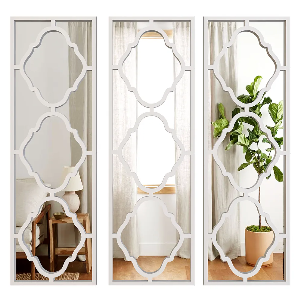 Set of 3 Moroccan Wooden Frame Decorative Wall Mirror / Wall Art Decor (Available in Multiple Finishes) White