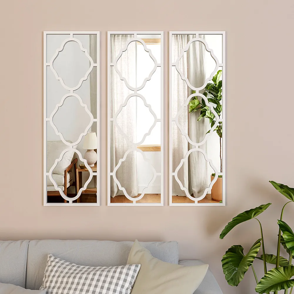 Set of 3 Moroccan Wooden Frame Decorative Wall Mirror / Wall Art Decor (Available in Multiple Finishes) White